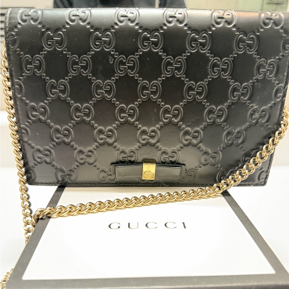 Gucci Guccissima Leather Signature Bow Mini Wallet On Chain Bag Crossbody Bag